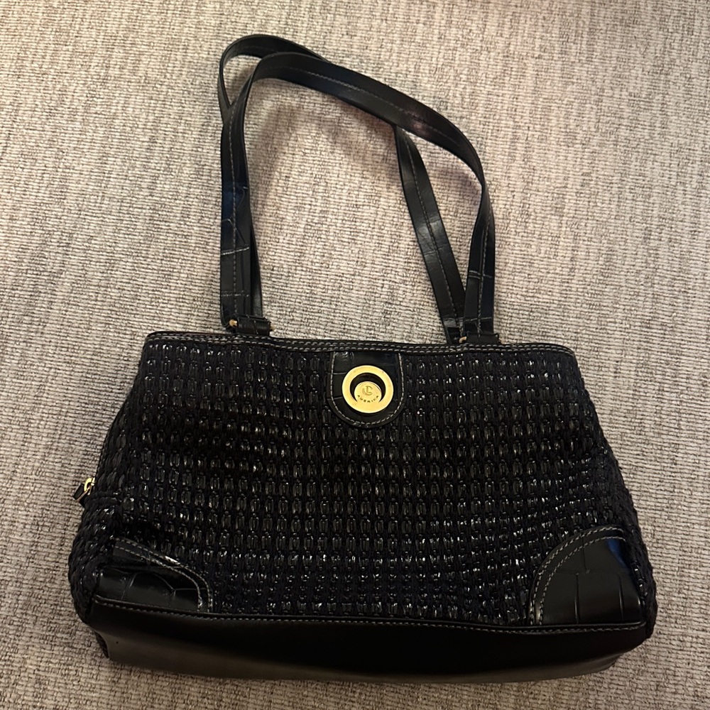 Black Textured Shoulder Bag with Gold Accent